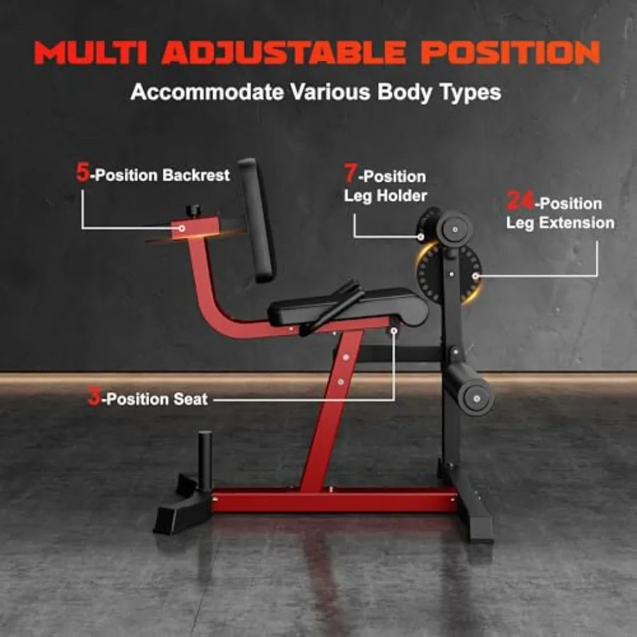 Home gym leg extension and curl machine 4-in-1 steel frame black adjustable plate-loaded design with integrated exercise bench