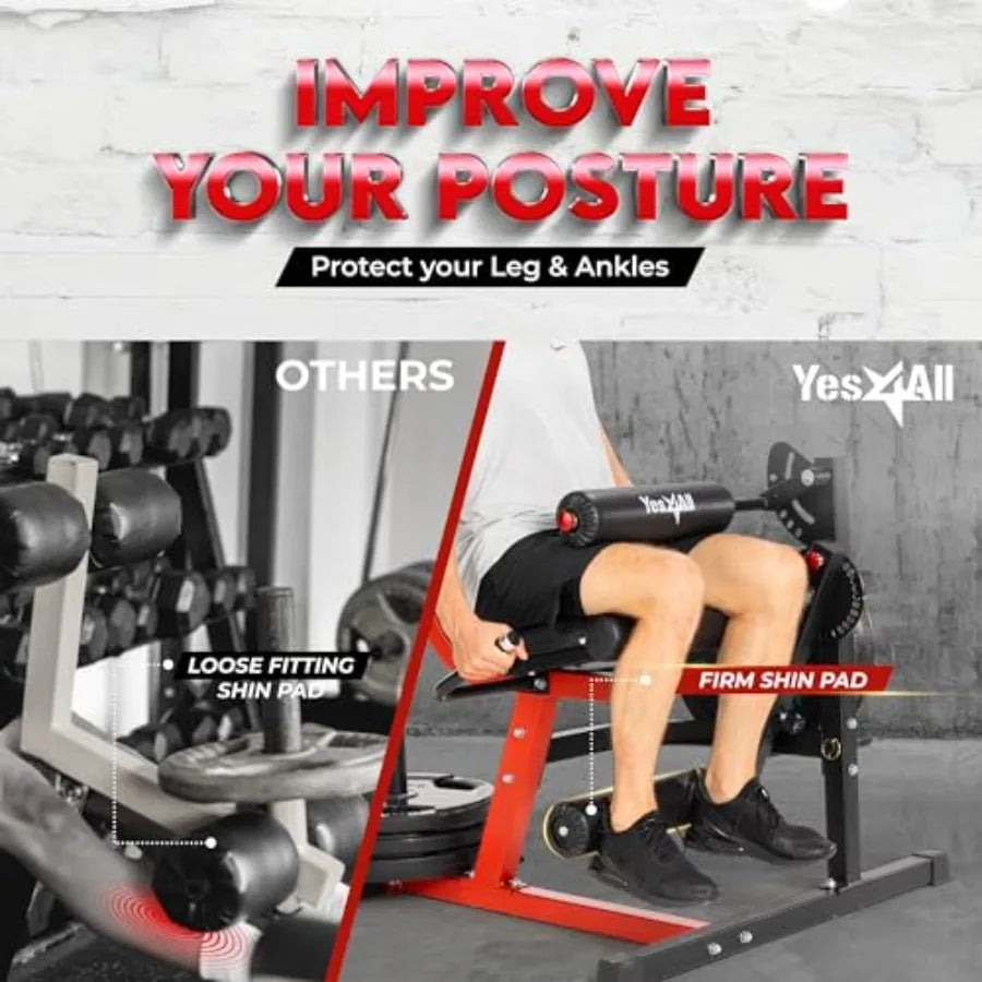 Leg Extension and Curl Machine, Adjustable Leg Machine with Plate Loaded, Leg Extension and Curl Bench for Home Gym, Black & Red