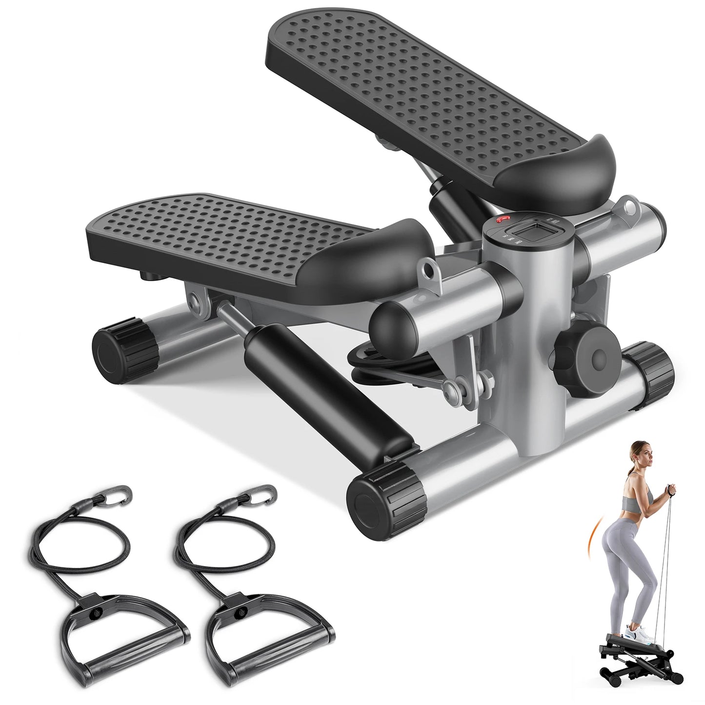 Mini Stepper with Resistance Bands 300 LBS Weight Capacity Hydraulic Home Stepper Machine Compact Cardio Equipment with LCD Monitor No Assembly Required