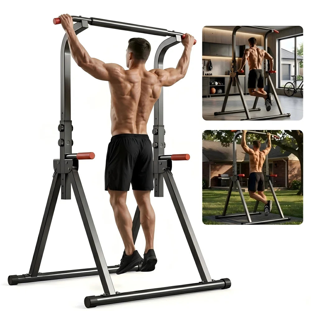 Foldable Pull Up Bar Standing Power Tower - Multi-Function Dip Station, 6-Level Adjustable Height, 440lbs Max, Home Gym Strength Training Fitness Equipment