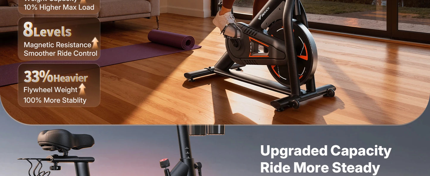 Magnetic Exercise Bike No Plug Needed Low Noise Stationary with Comfortable Seat Cushion Spinning Bike 330 lb Weight Capacity Exclusive App Tablet Mount and Fitness Courses for Home Indoor for Weight Loss Gym Cardio