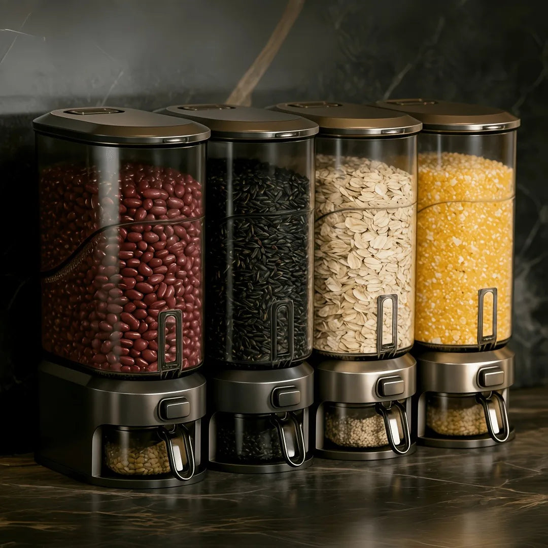 Black transparent rice bucket with measuring cup, one-button press to dispense rice, clear container to see your grains, large-capacity storage for dry foods, cereals, beans, oats, and coffee, perfect for organizing your kitc
