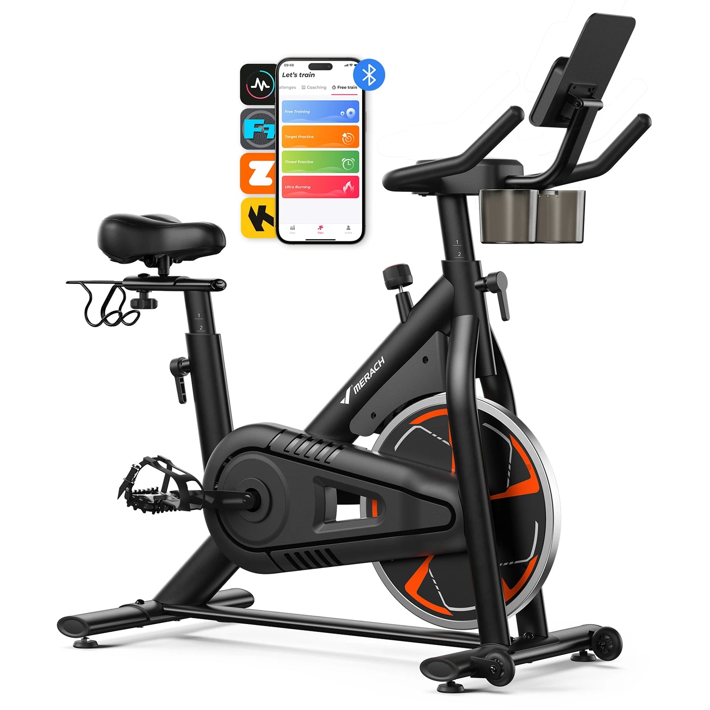 Magnetic Exercise Bike No Plug Needed Low Noise Stationary with Comfortable Seat Cushion Spinning Bike 330 lb Weight Capacity Exclusive App Tablet Mount and Fitness Courses for Home Indoor for Weight Loss Gym Cardio