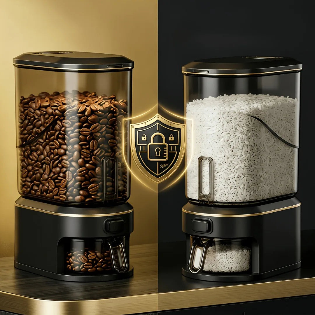 Black transparent rice bucket with measuring cup, one-button press to dispense rice, clear container to see your grains, large-capacity storage for dry foods, cereals, beans, oats, and coffee, perfect for organizing your kitc