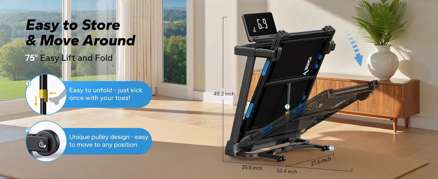 Foldable Treadmill T12 Incline Quiet Treadmills Double Deck Technology 4 Silicone Shock Cushion Heart Rate Monitoring