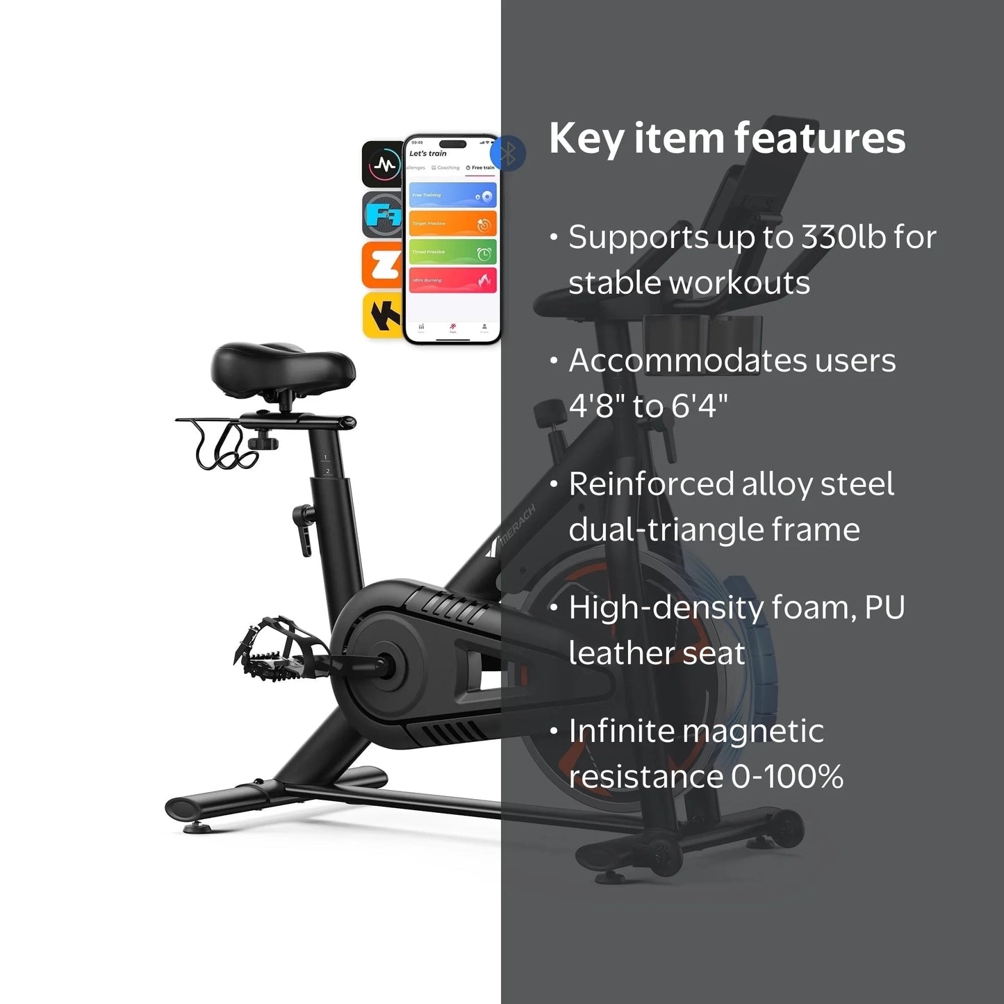 Magnetic Exercise Bike No Plug Needed Low Noise Stationary with Comfortable Seat Cushion Spinning Bike 330 lb Weight Capacity Exclusive App Tablet Mount and Fitness Courses for Home Indoor for Weight Loss Gym Cardio