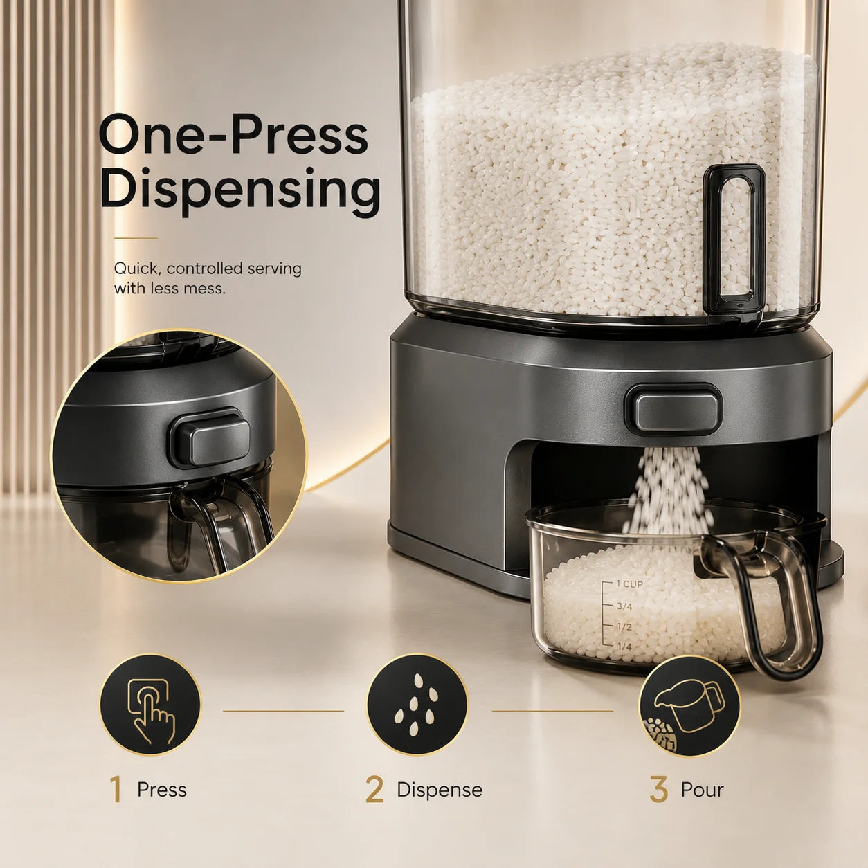 Black transparent rice bucket with measuring cup, one-button press to dispense rice, clear container to see your grains, large-capacity storage for dry foods, cereals, beans, oats, and coffee, perfect for organizing your kitc