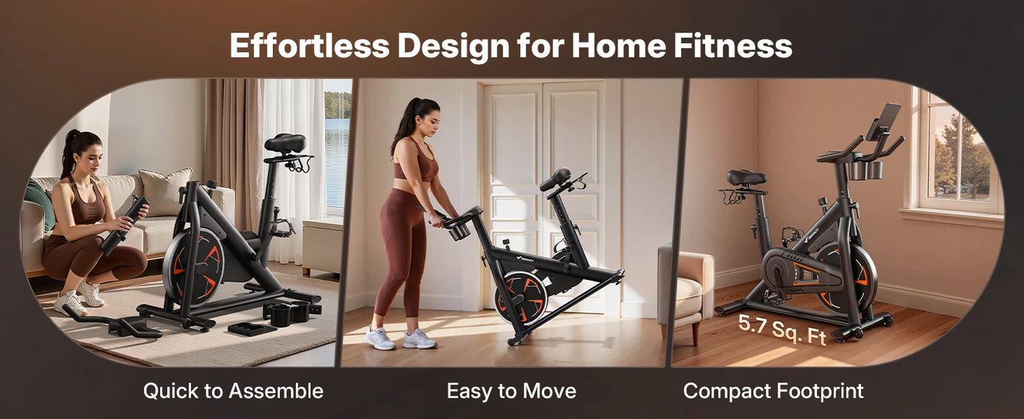 Magnetic Exercise Bike No Plug Needed Low Noise Stationary with Comfortable Seat Cushion Spinning Bike 330 lb Weight Capacity Exclusive App Tablet Mount and Fitness Courses for Home Indoor for Weight Loss Gym Cardio