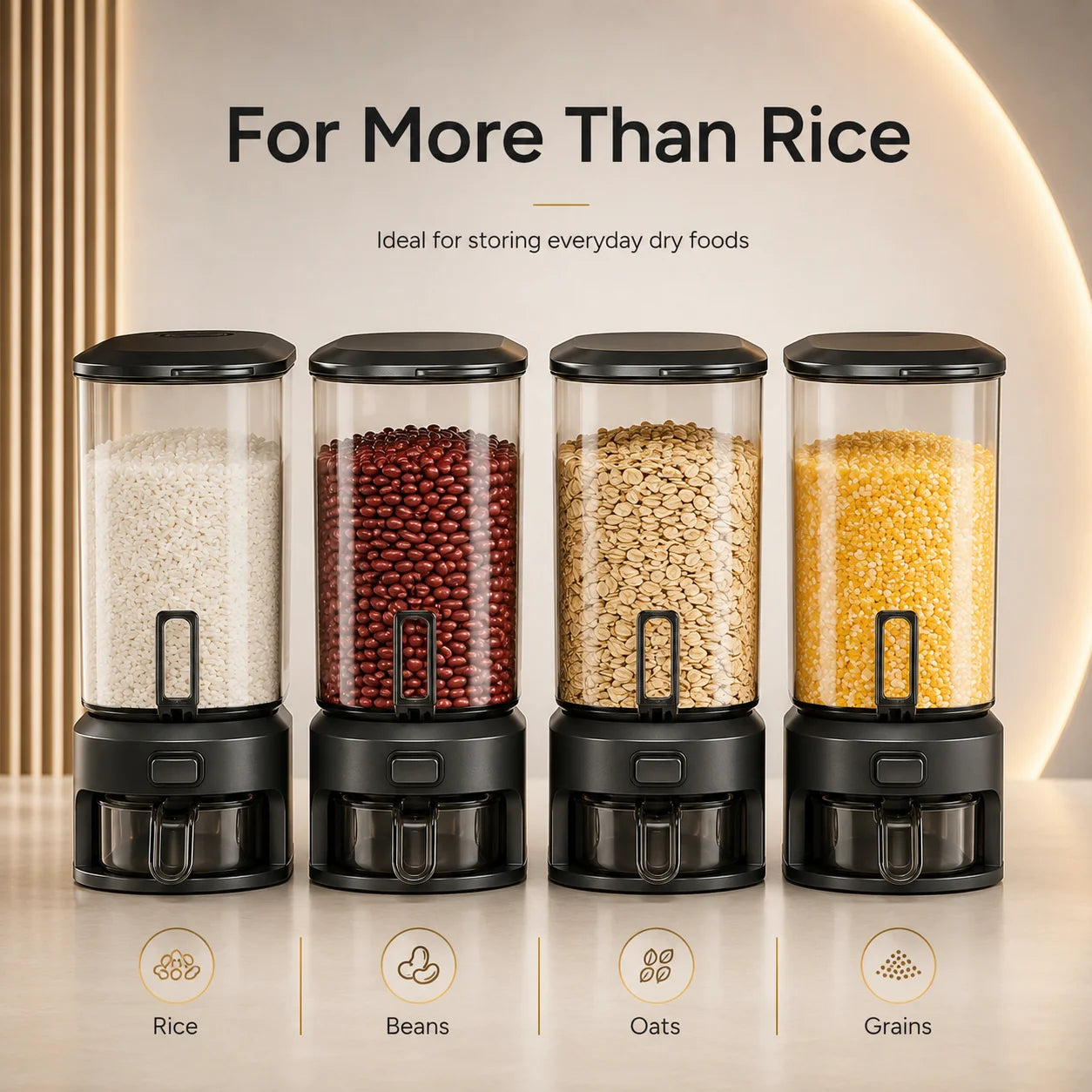 Black transparent rice bucket with measuring cup, one-button press to dispense rice, clear container to see your grains, large-capacity storage for dry foods, cereals, beans, oats, and coffee, perfect for organizing your kitc