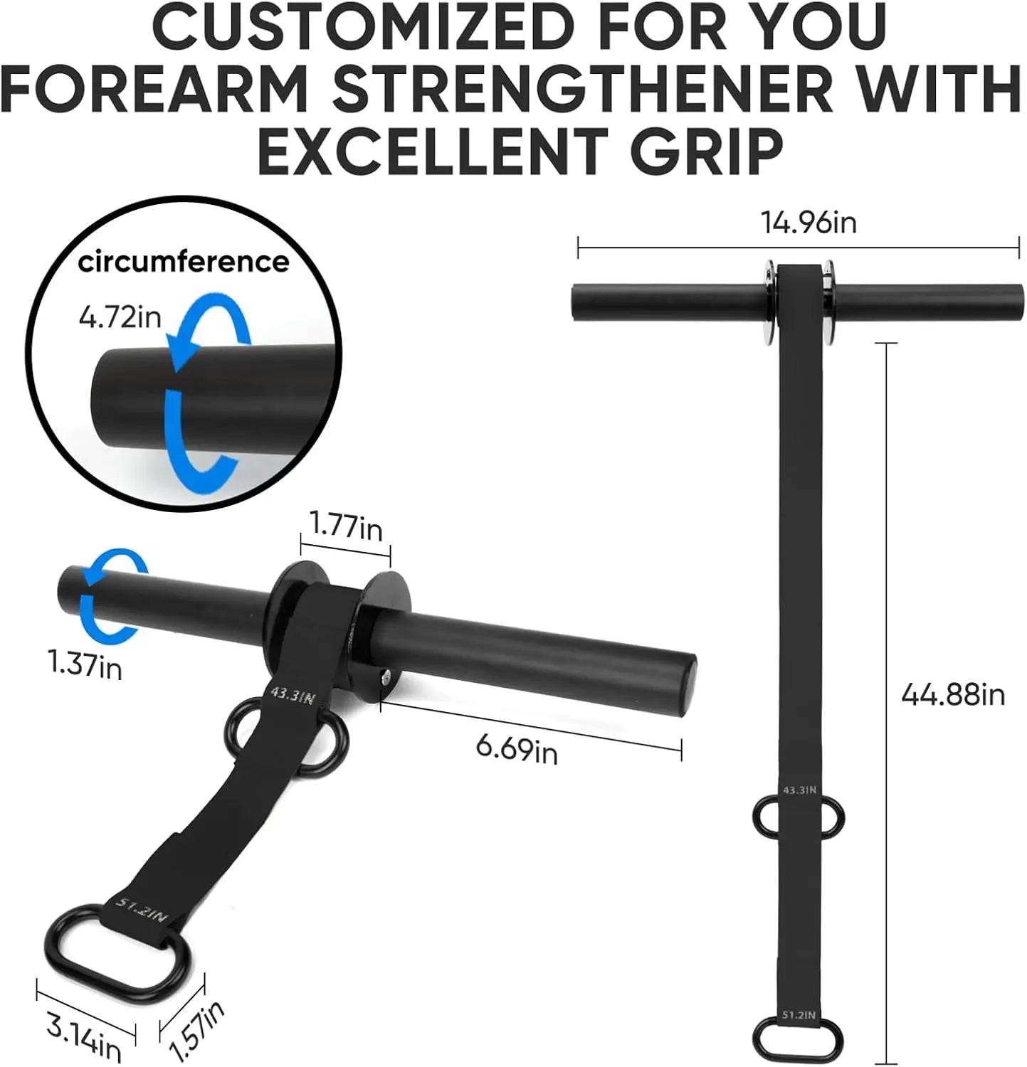 Forearm Strengthener and Wrist Roller, 43.3 inch or 51.2 inch Nylon Webbing, Forearm Exerciser with Quick Locking Mechanism for Hand, Wrist and Forearm Strength Training