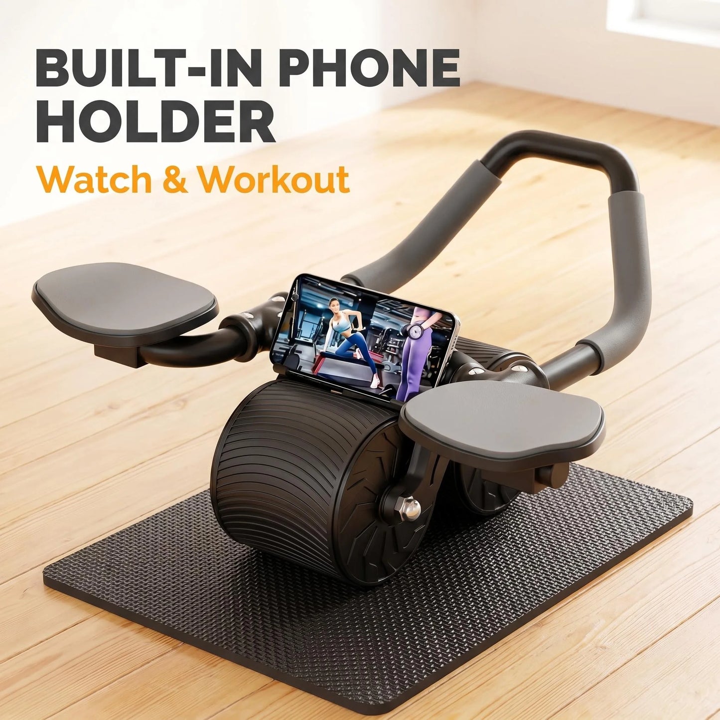 3 IN 1 Core Workout Ab Roller With Knee Pad Phone Holder Timer Home Fitness Black