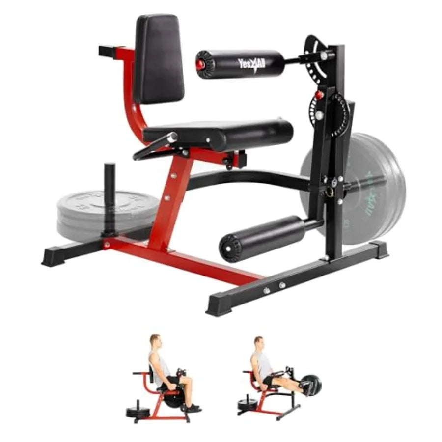 Leg Extension and Curl Machine, Adjustable Leg Machine with Plate Loaded, Leg Extension and Curl Bench for Home Gym, Black & Red