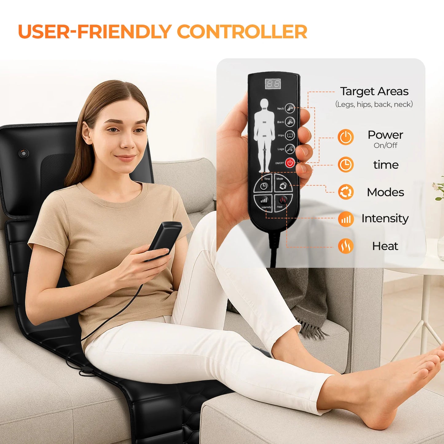 Shiatsu Full Body Massage Mat with Heat, Detachable Massager Pad, 10 Vibrating Motors, 9 Intensity Levels, Relax at Home Office