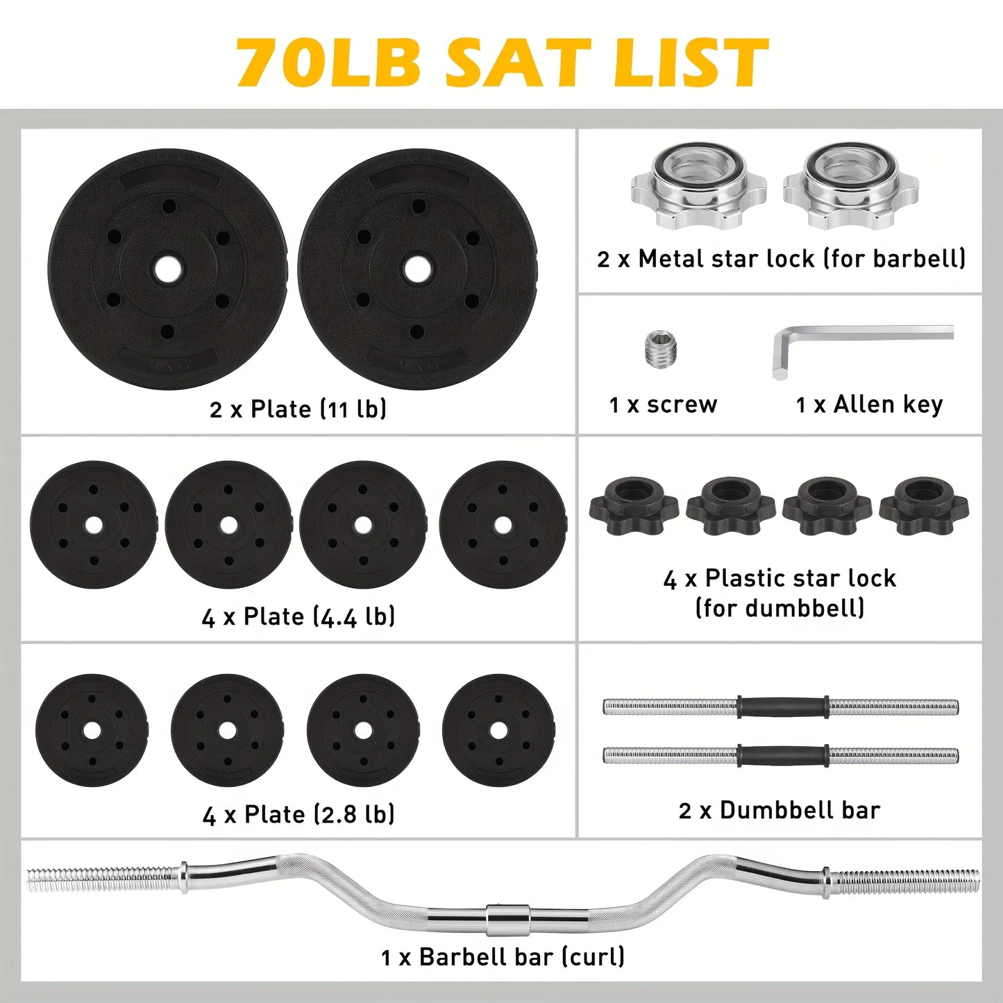 70LB 2-in-1 Barbell Set with Curl Bar & Weight Plates - Convertible Dumbbells for Full-Body Gym Workouts, Weightlifting System for &, No Additional Equipment Needed