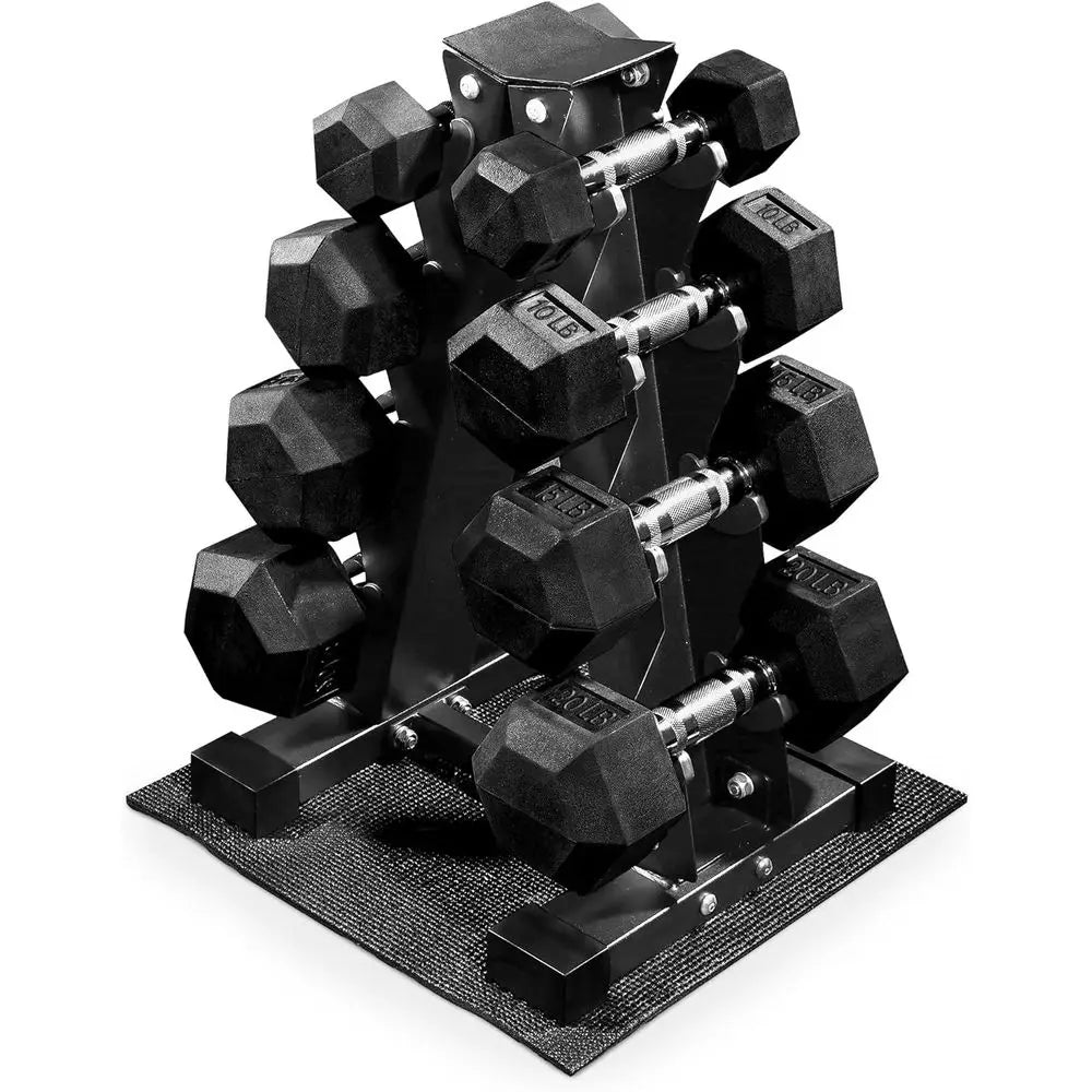 Rubber Coated Hex Dumbbell Set With Storage Rack 100LB Kit 5-20LB Pair Home Fitness Training Weights