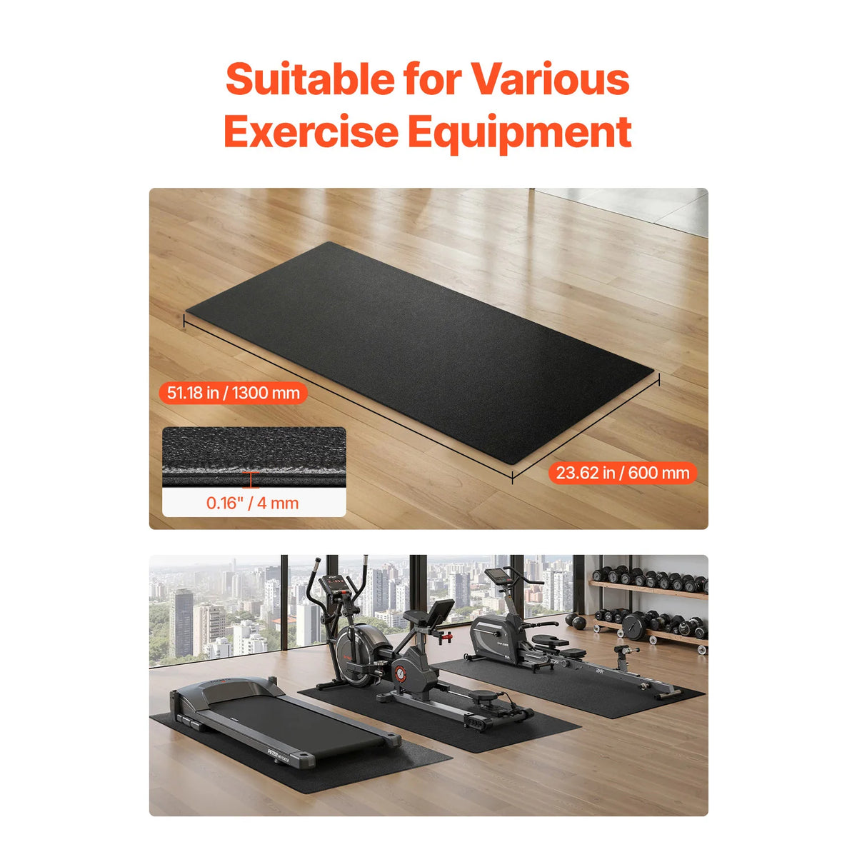 Treadmill Mat for Carpet Floor 0.16/0.24 in Thickness High Density PVC Waterproof Non-slip Mat for Elliptical Home Gym