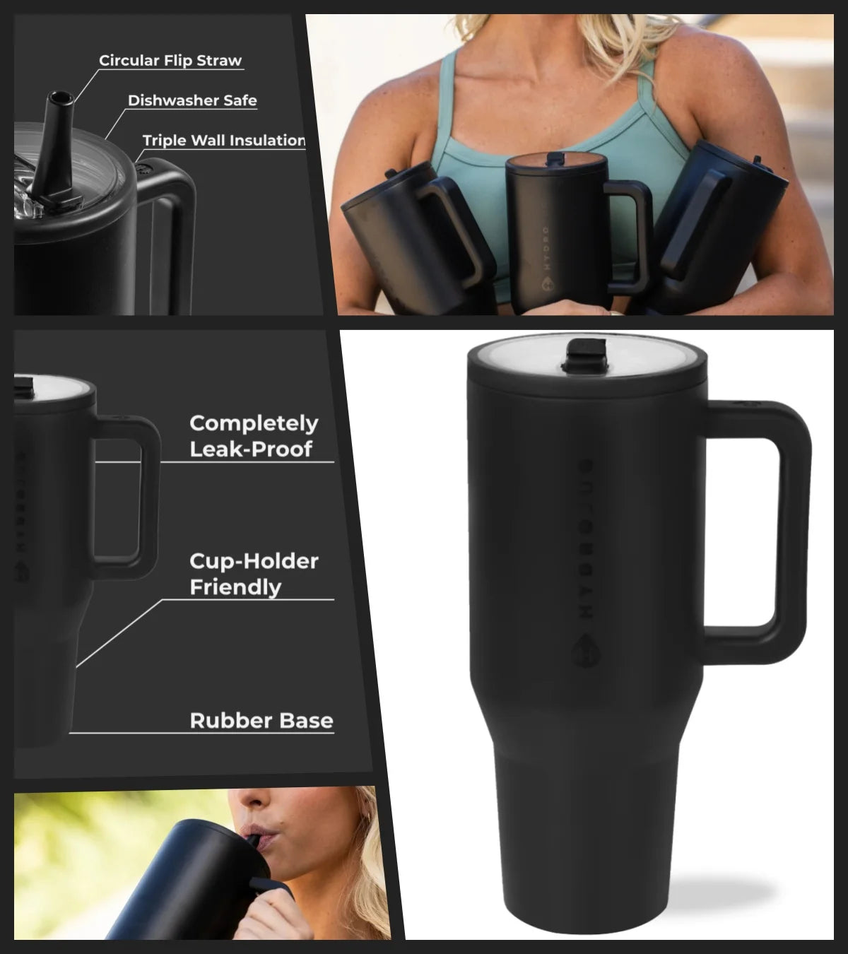 HYD Traveler - 40 oz Water Bottle with Handle & Flip Straw - Fits in Cup Holder, Leak Resistant Tumbler-Reusable Insulated Stainless Steel & Rubber Base