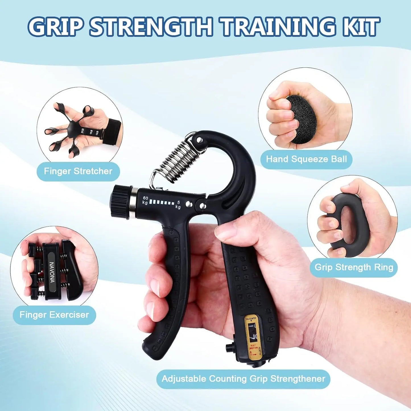 10-Piece Hand Grip Strengthener Kit for Forearm and Finger Exercise, Stress Relief & Muscle Recovery