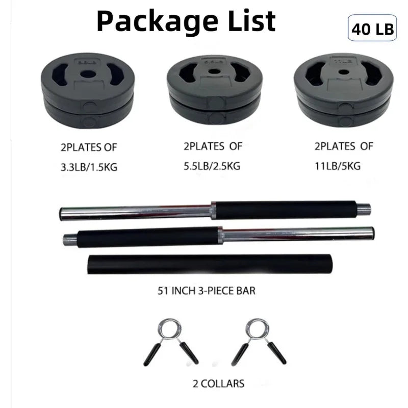 Large Fitness Equipment 40 Lbs Barbell Weight Set Adjustable Free Weights for Home and Gym Workout