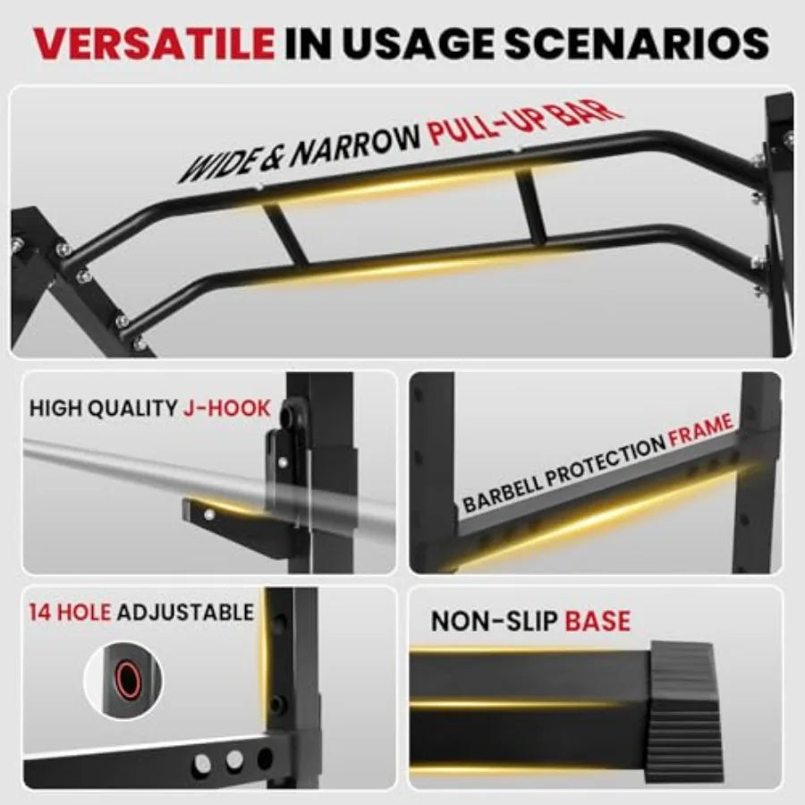 Power Cage 1800 LBS Multi-Functional Home Gym Rack with Adjustable Cable Pulley Pull-Up Bar J-Hooks Landmine Attachments in Bla
