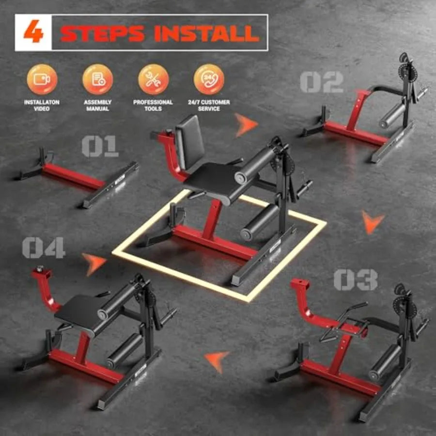 Home gym leg extension and curl machine 4-in-1 steel frame black adjustable plate-loaded design with integrated exercise bench