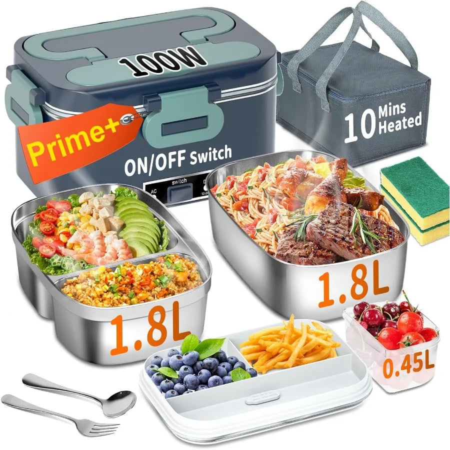 Electric Heated Lunch Box for Adults 100W 3-IN-1 2 Pack 1.8L Containers Heating Lunch Box for Men Portable Double Layer Fast He