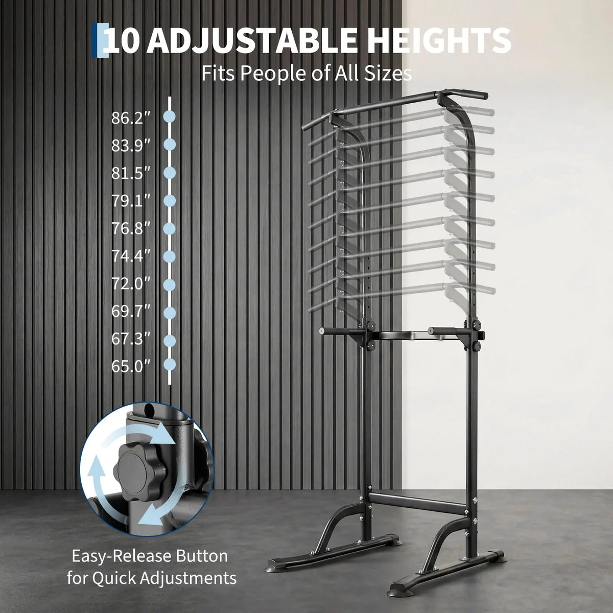 Multi-Function Power Tower Dip Station With Pull Up Bar, 10-Level Height Adjustable, 330LBS Steel Home Gym Equipment