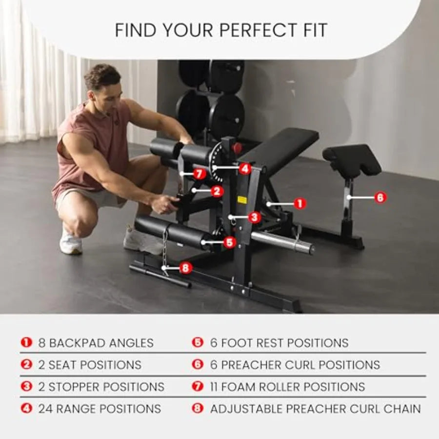 Adjustable Weight Bench with Leg Extension and Curl Machine, Total Body Bench for Home Gym, Great for Bench Press, Sit Ups, Preacher Curl, Hip Thrusts and Other Plate-Loaded Exercises