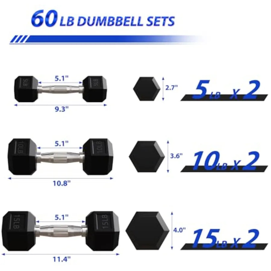 Rubber Encased Hex Dumbbells with Optional Rack, 10 15 20LB Pairs and 5, 10 and 15 Pairs Weight Sets for Home Gym