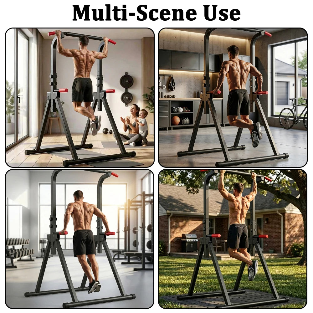 Foldable Pull Up Bar Standing Power Tower - Multi-Function Dip Station, 6-Level Adjustable Height, 440lbs Max, Home Gym Strength Training Fitness Equipment