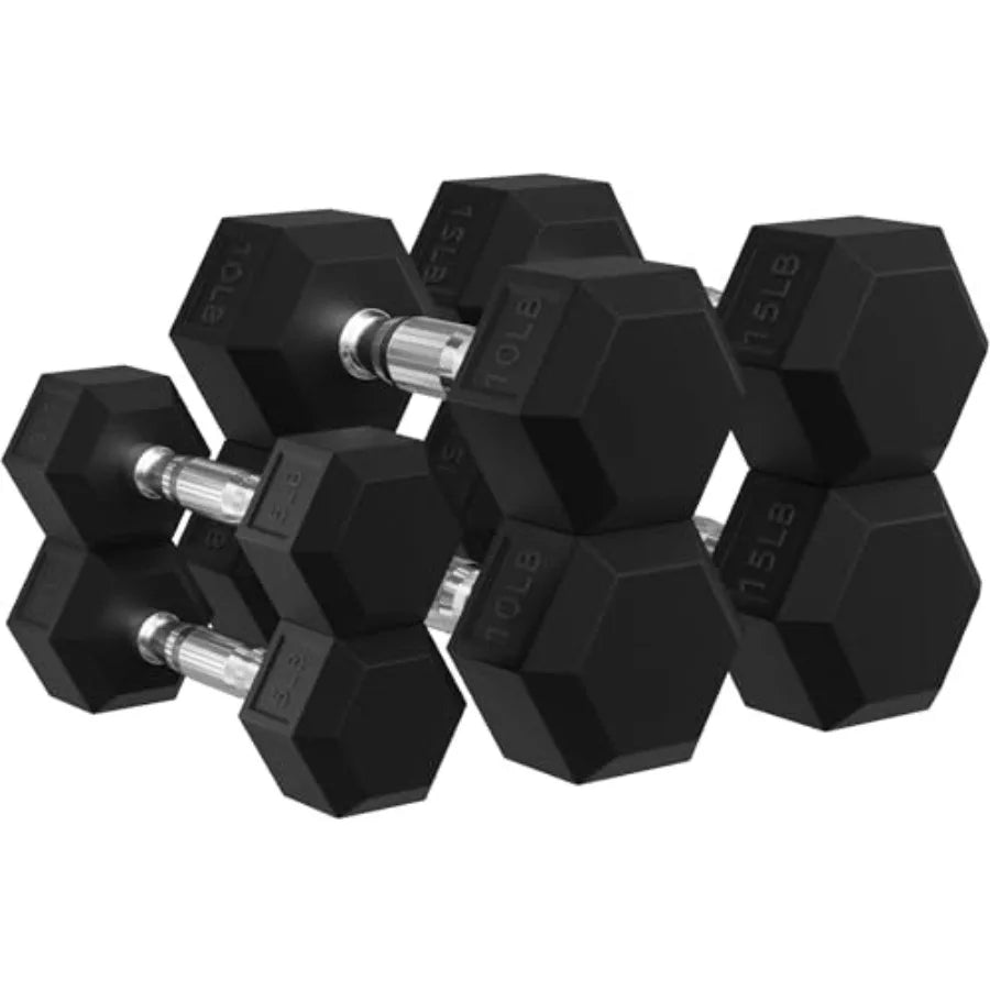 Rubber Encased Hex Dumbbells with Optional Rack, 10 15 20LB Pairs and 5, 10 and 15 Pairs Weight Sets for Home Gym