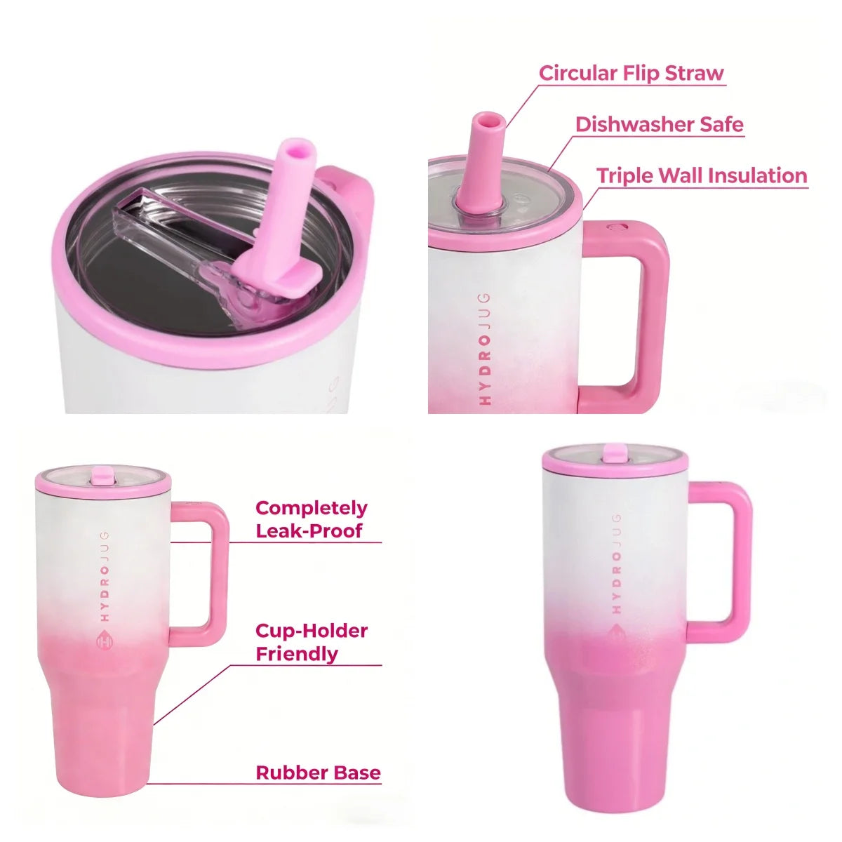 HYD Traveler - 40 oz Water Bottle with Handle & Flip Straw - Fits in Cup Holder, Leak Resistant Tumbler-Reusable Insulated Stainless Steel & Rubber Base