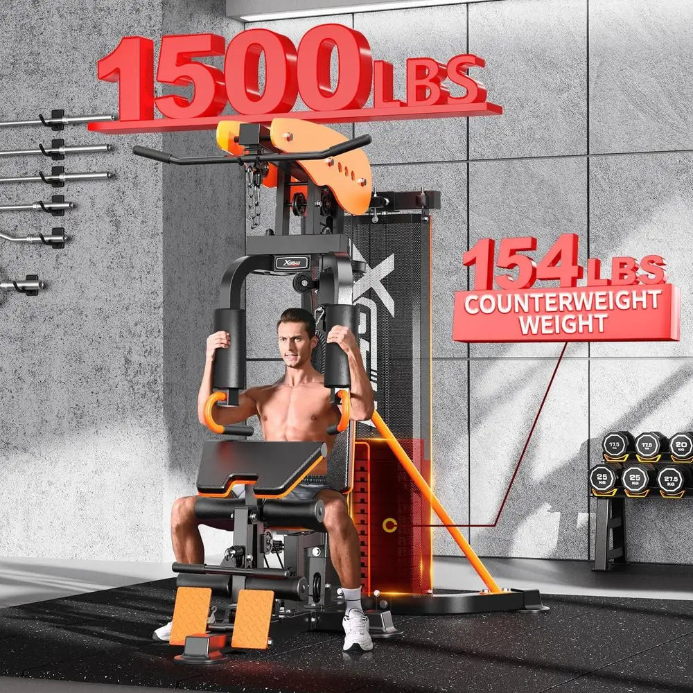 Multi-unction Home Gym Workout Station, eaturing a Pulley System, arm Trainer, and Leg Trainer or ull-Body Workouts.