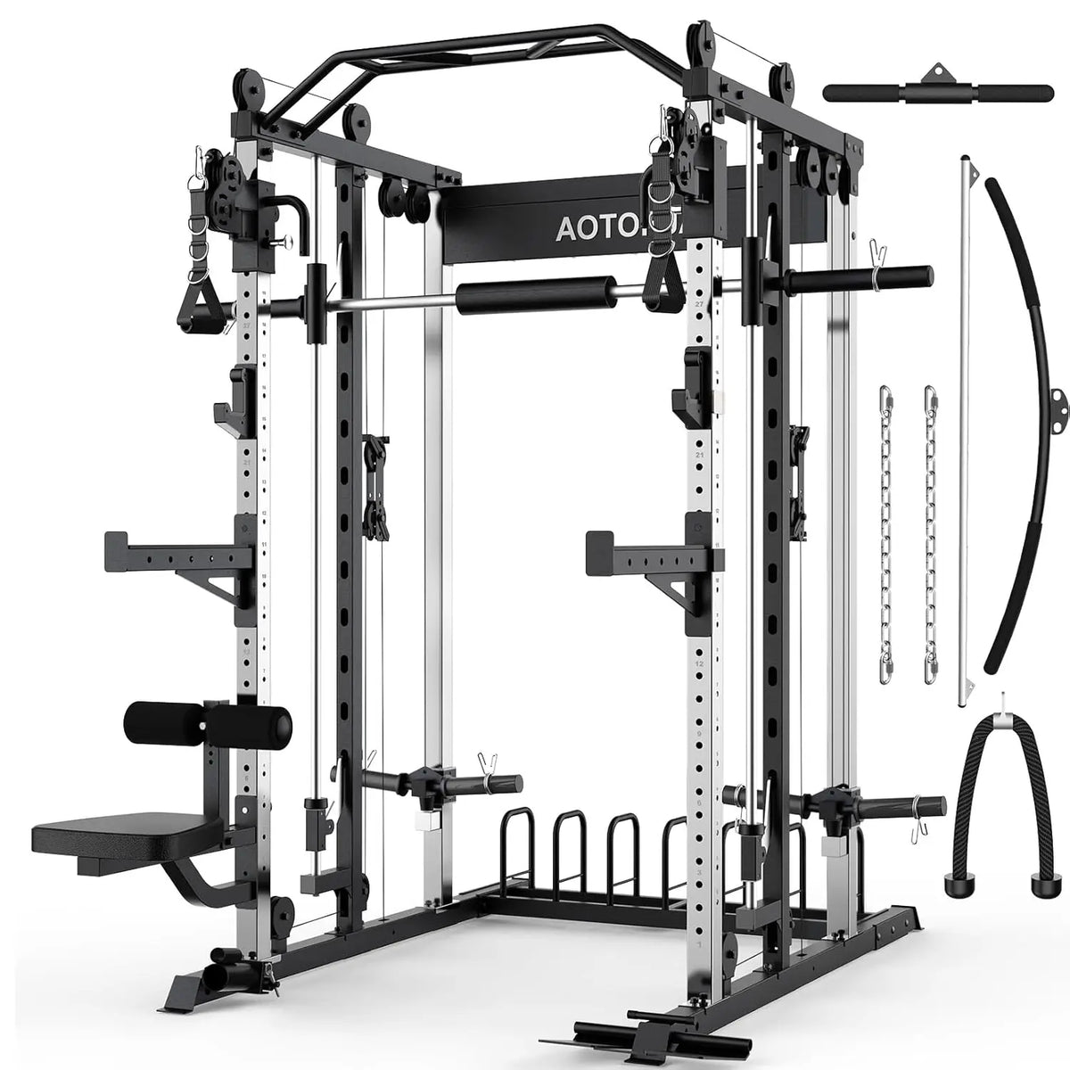 Smith Machine Strength Training Squat Rack with Smith Bar, Power Cage with LAT Pull-Down Systems, Cable Crossover, Customized