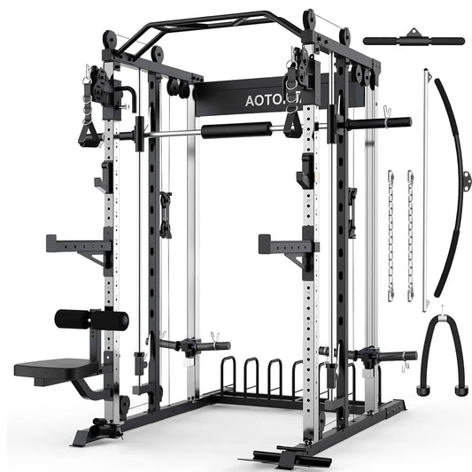 Smith Machine Strength Training Squat Rack with Smith Bar, Power Cage with LAT Pull-Down Systems, Cable Crossover, Customized