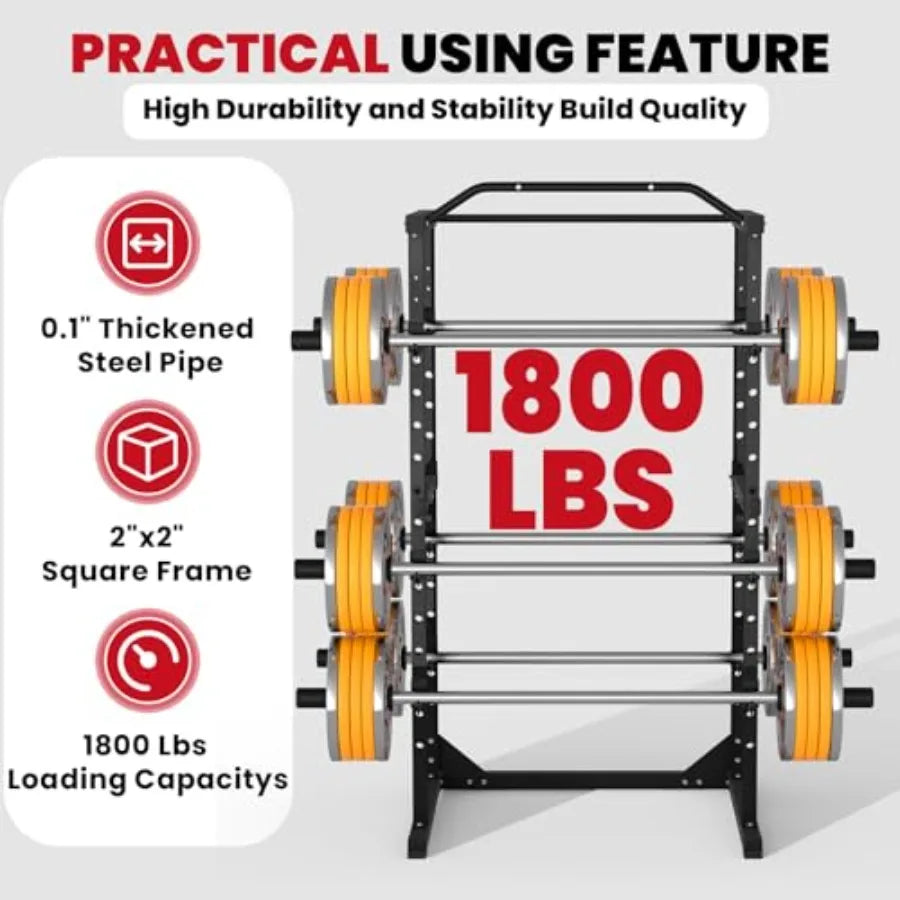 Power Cage 1800 LBS Multi-Functional Home Gym Rack with Adjustable Cable Pulley Pull-Up Bar J-Hooks Landmine Attachments in Bla