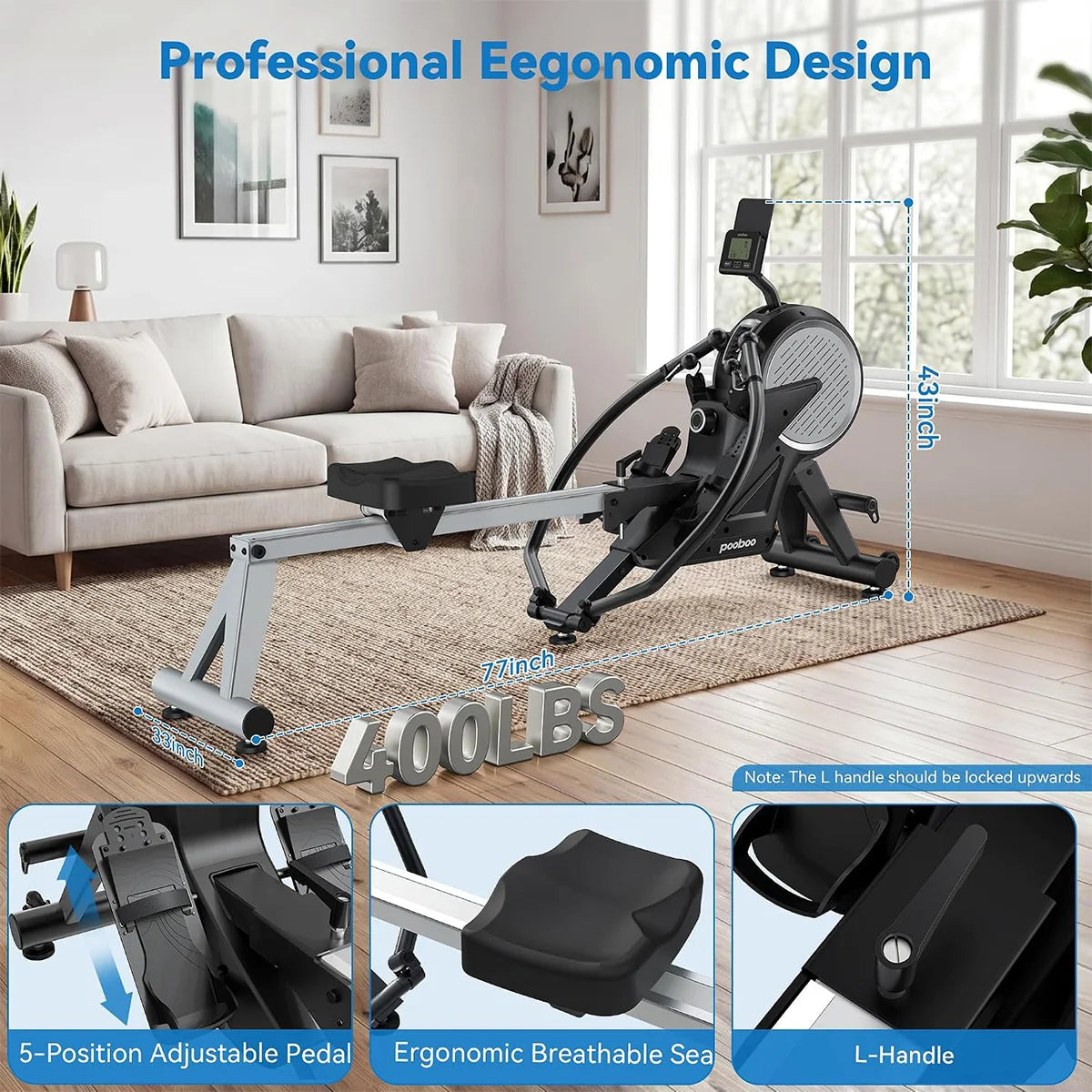 Pooboo Dual Scull Rowing Machine with Wind and Magnetic Resistance Rower Machine with 400 Lb Capacity, 14 Resistance Levels, Foldable Design, Quiet Operation for Home Workouts