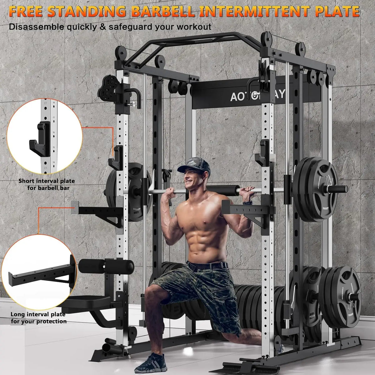 Smith Machine Strength Training Squat Rack with Smith Bar, Power Cage with LAT Pull-Down Systems, Cable Crossover, Customized