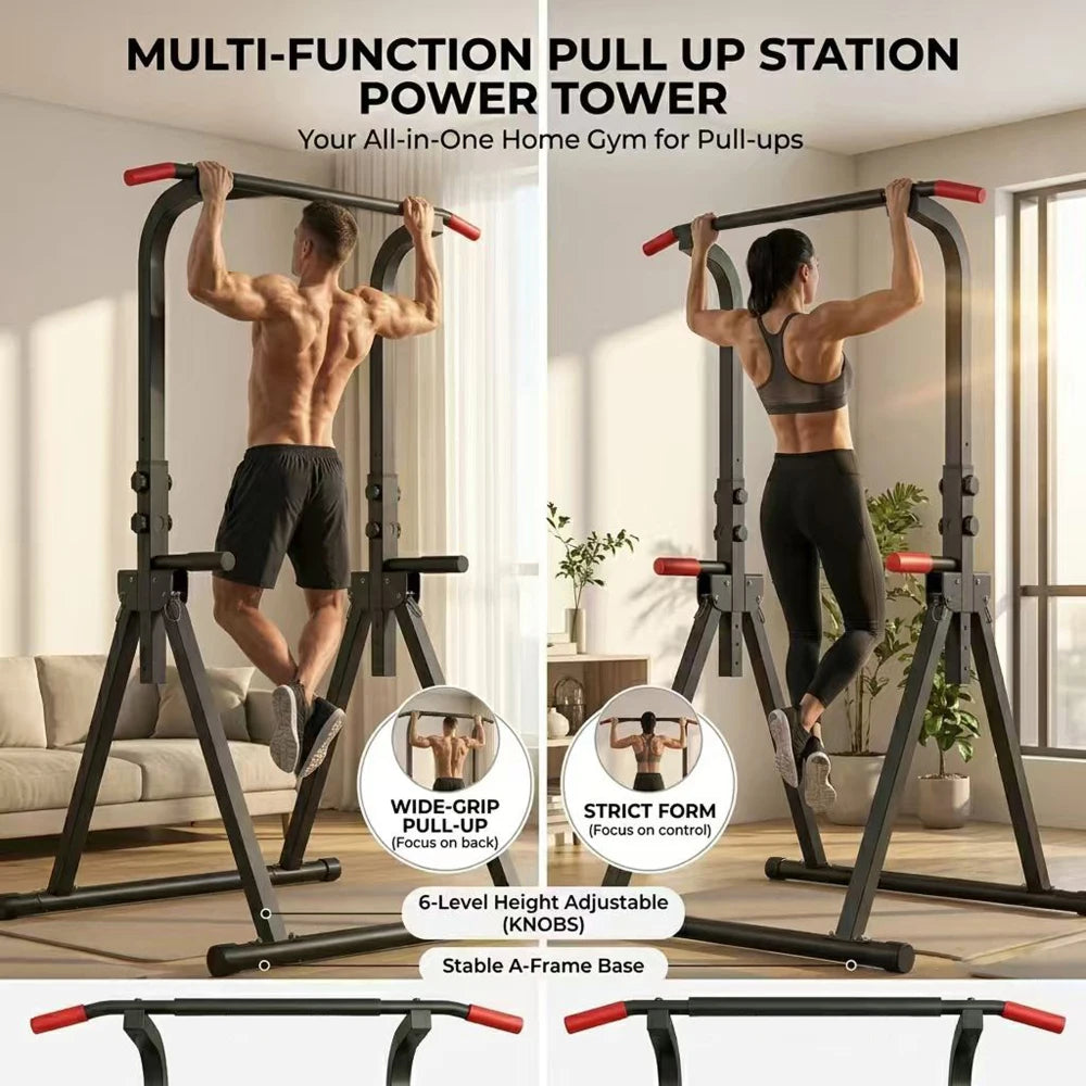 Foldable Pull Up Bar Standing Power Tower - Multi-Function Dip Station, 6-Level Adjustable Height, 440lbs Max, Home Gym Strength Training Fitness Equipment
