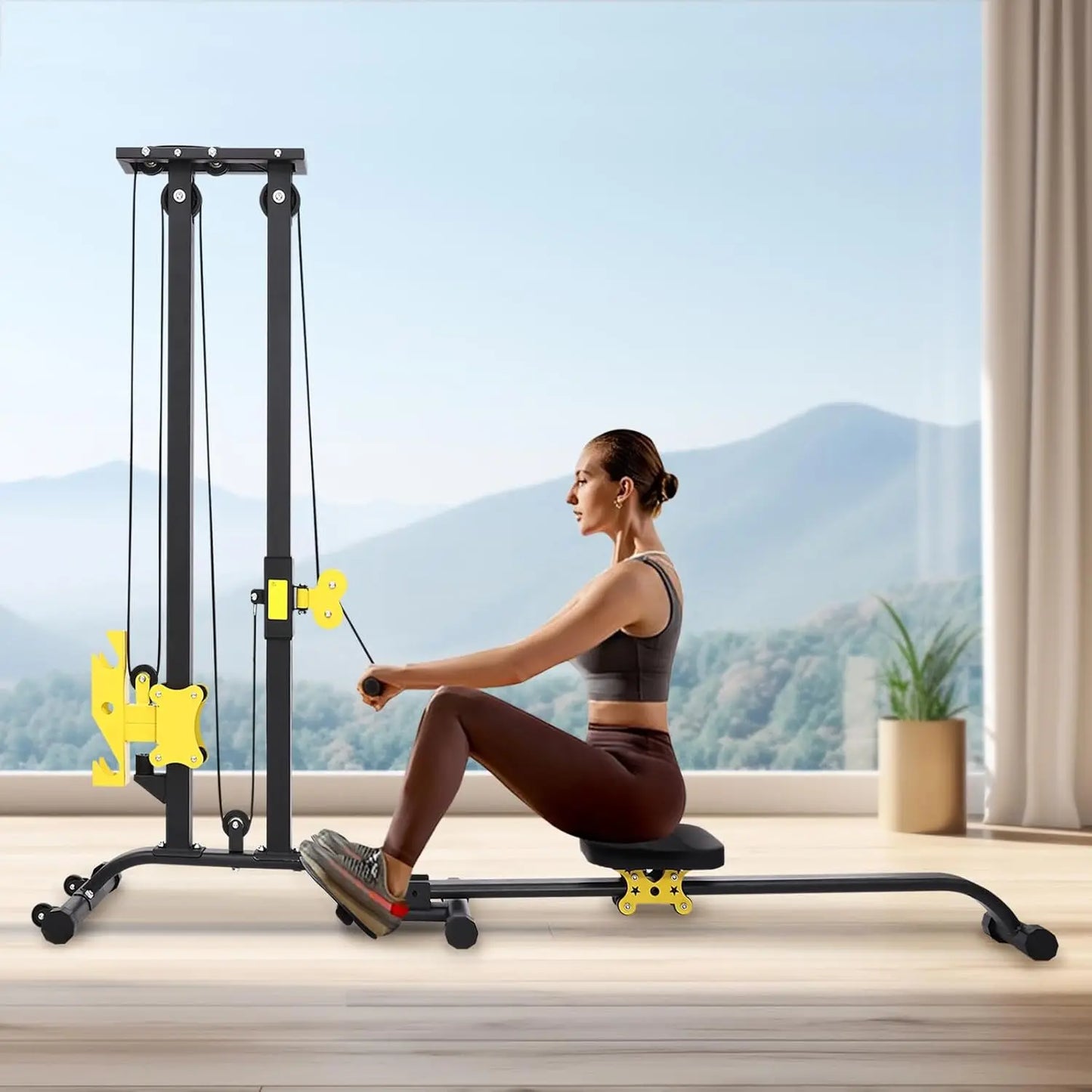 All-in-One Workout Machine Small Multifunctional Fitness Rack Heavy Duty Strength Training Bench Press with LAT Pulldown Cable C