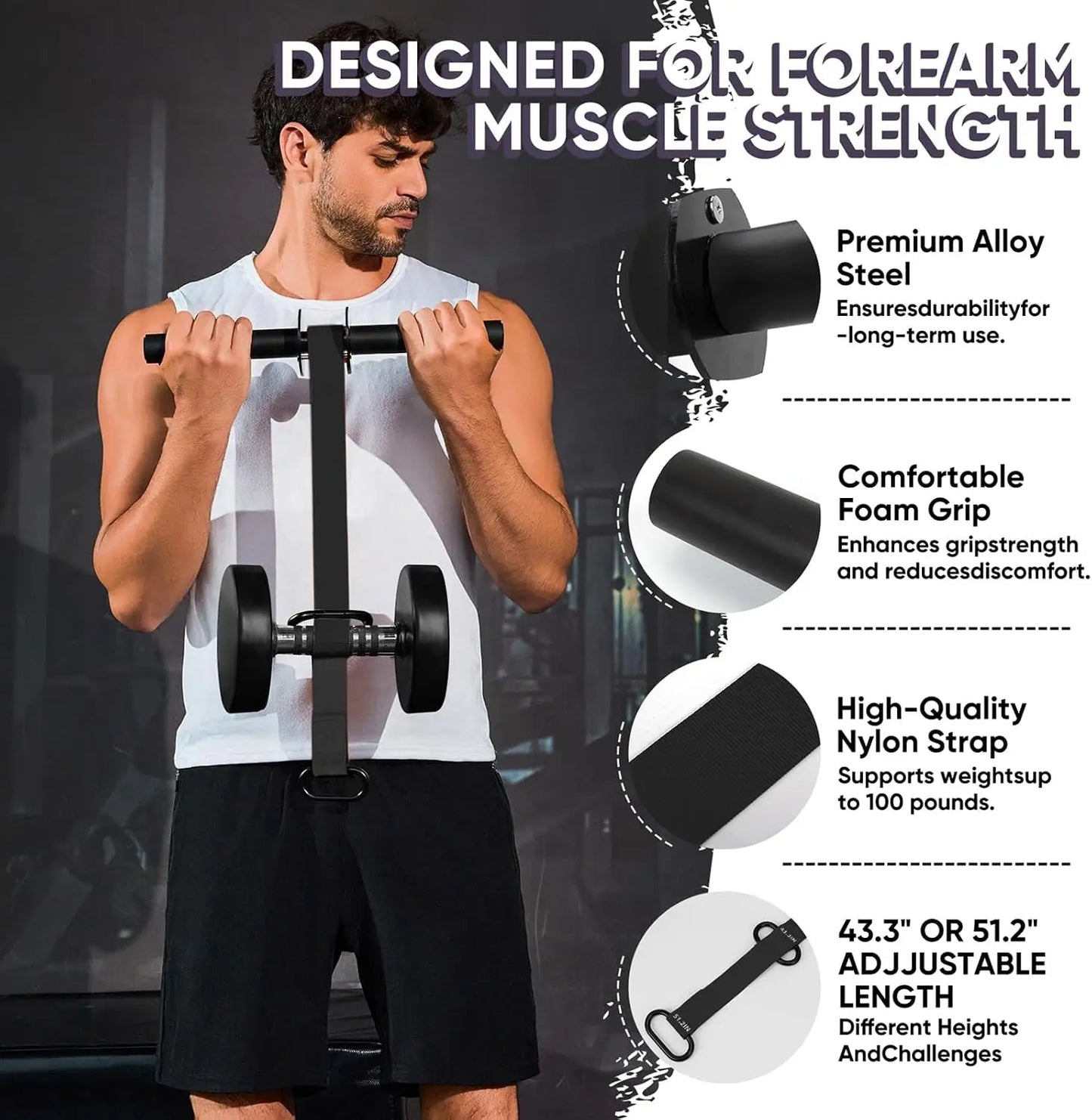 Forearm Strengthener and Wrist Roller, 43.3 inch or 51.2 inch Nylon Webbing, Forearm Exerciser with Quick Locking Mechanism for Hand, Wrist and Forearm Strength Training