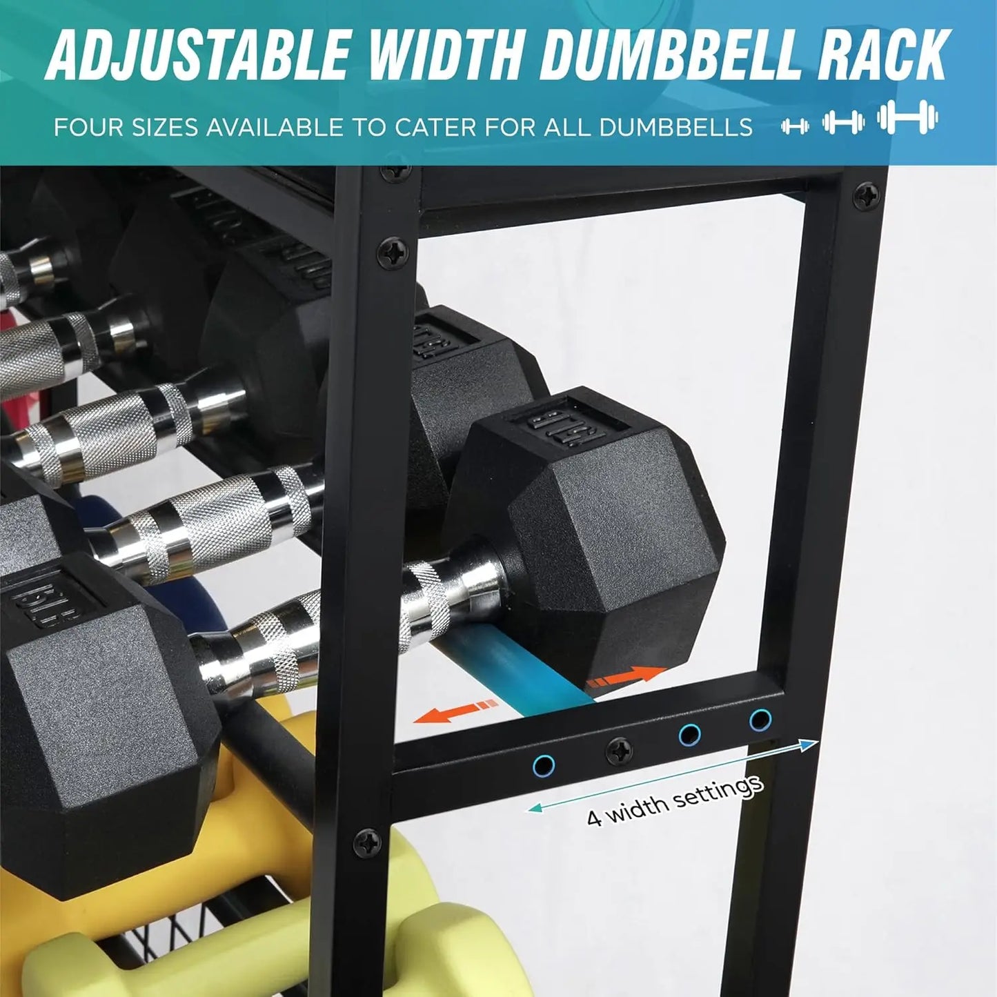 Home Gym Storage: Steel Adjustable Dumbbell Rack, Black, 700 LB Capacity, with Kettlebell Shelf, Yoga Mat Holder & Wheels