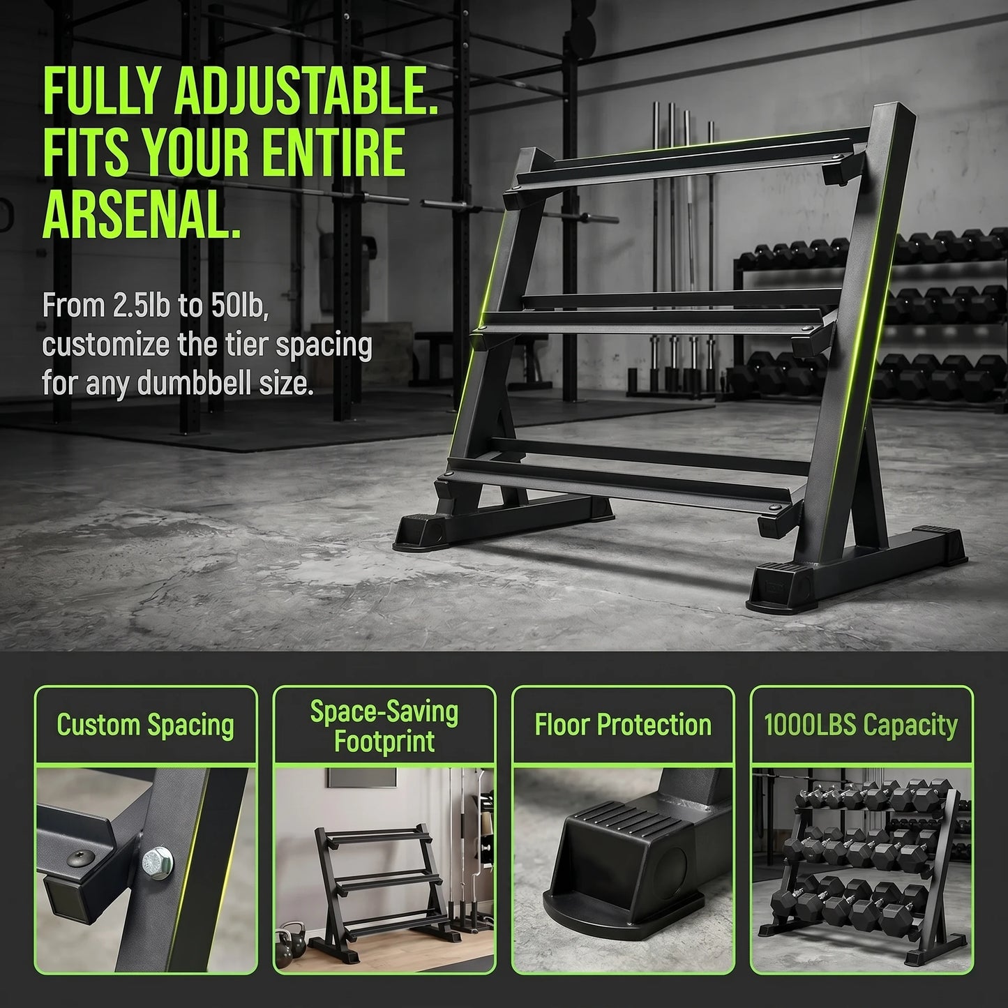 3-Tier Adjustable Dumbbell Rack (39.37in / 100cm), 1000LBS Heavy Duty Steel Gym Storage Stand with Anti-Rust Powder Coating & Floor Protection Feet for Home/Commercial Fitness