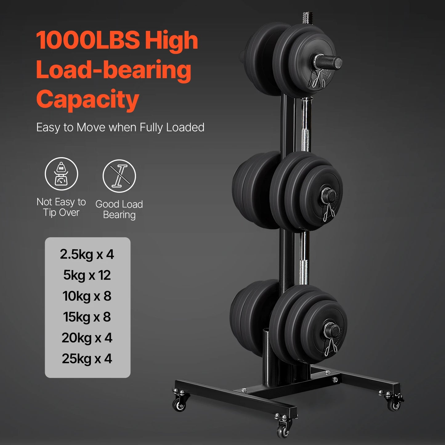 Weight Plate Rack Standard Weight Plate Tree with Wheels 1000 lbs Load Capacity Home Gym Barbell Rack Storage Stand