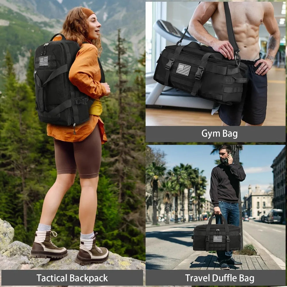 Carry On Luggage 22x14x9 Airline Approved, Tactical Duffle Bag with Shoe Compartment, 3-in-1 Travel Backpack, Weekender Overnight Bag, Black