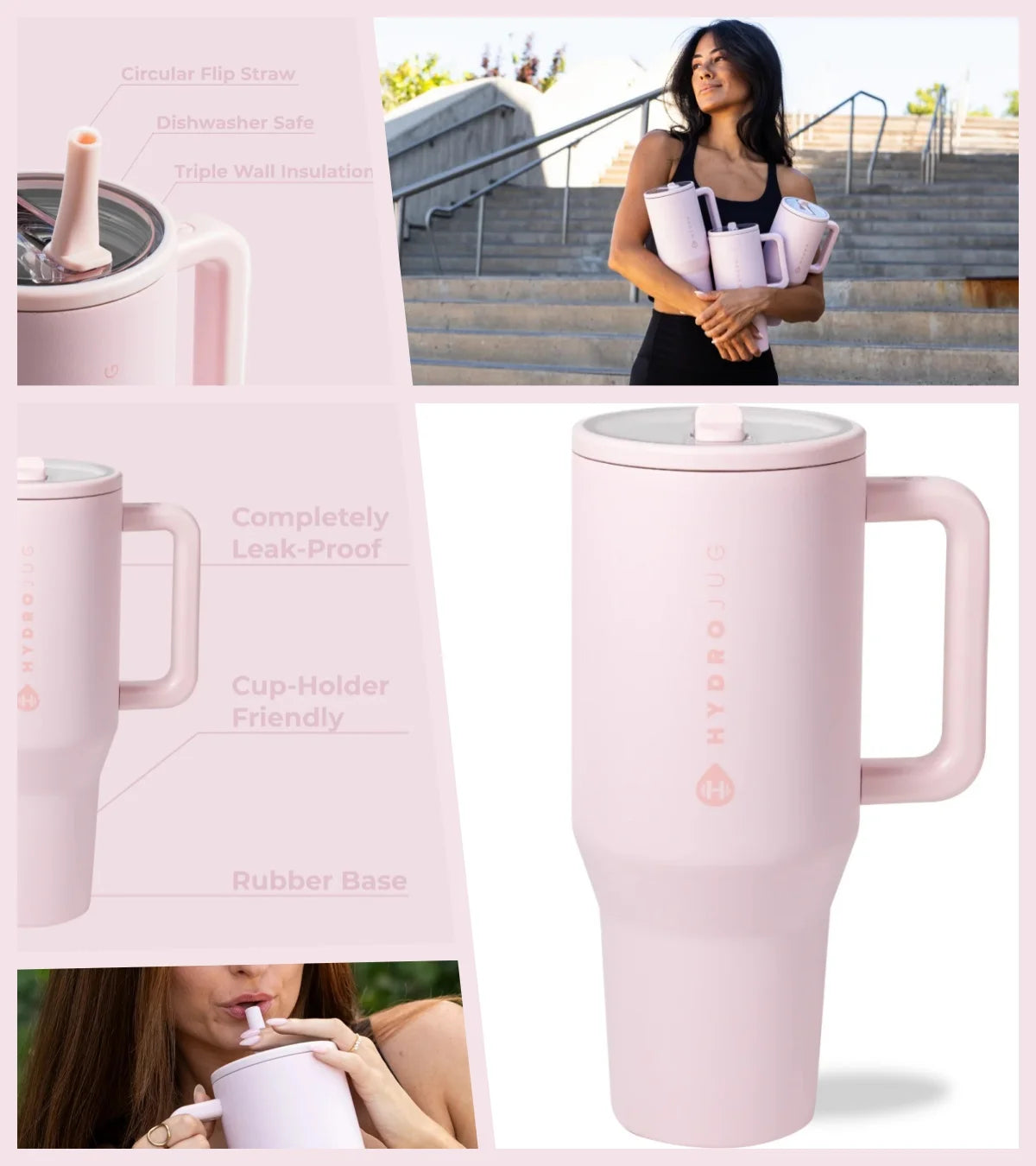 HYD Traveler - 40 oz Water Bottle with Handle & Flip Straw - Fits in Cup Holder, Leak Resistant Tumbler-Reusable Insulated Stainless Steel & Rubber Base