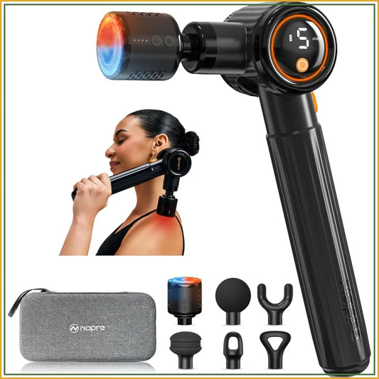 Hot & Cold Massage Gun with Long Handle, 3 Adjustable Angles, 6 Heads, Deep Tissue Percussion for Muscle Pain Relief, Portable Case