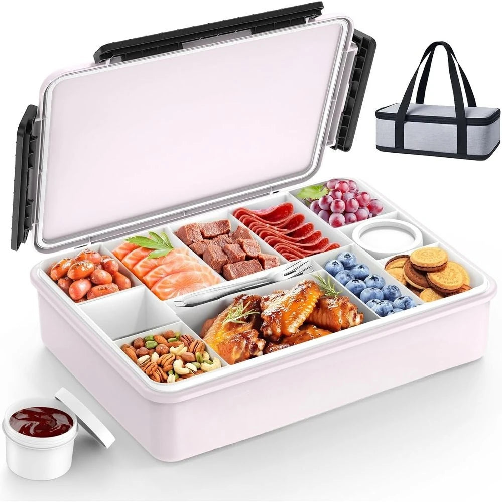 Portable Snackle Box Container with Ice Pack, Divided Serving Tray with Insulated Bag or 8+ Hrs Cooling