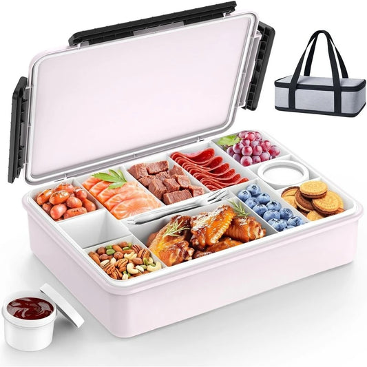 Portable Snackle Box Container with Ice Pack, Divided Serving Tray with Insulated Bag or 8+ Hrs Cooling