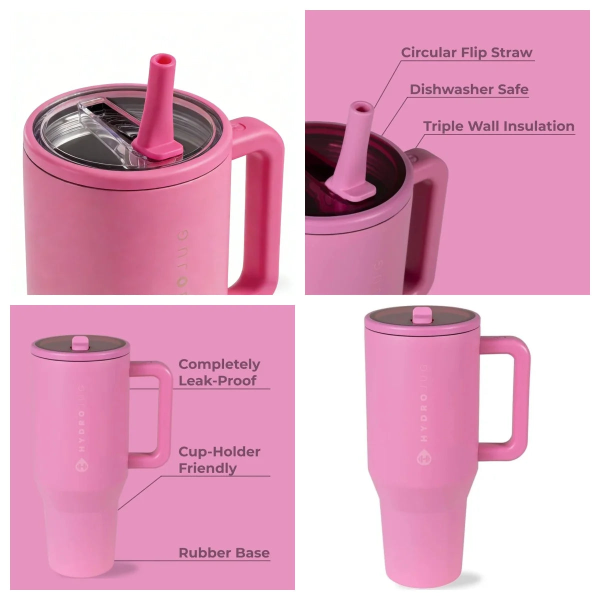 HYD Traveler - 40 oz Water Bottle with Handle & Flip Straw - Fits in Cup Holder, Leak Resistant Tumbler-Reusable Insulated Stainless Steel & Rubber Base